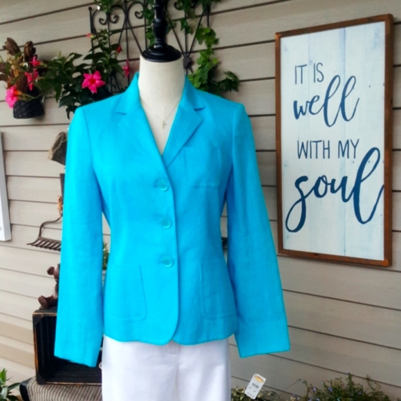 NWT TALBOT PETITES ♡ Sweet Turqouise Fully Lined Irish Linen Tailored Jacket 2P - Picture 1 of 14